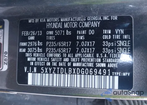 2013 Hyundai Santa Fe Sport z USA, uszkodzony, nr VIN 5XYZTDLBXDGD69491